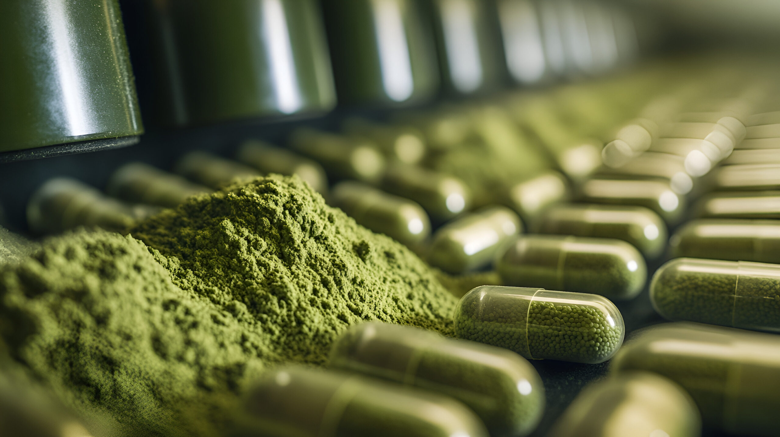 Grünes Pulver wird in Kapseln abgefüllt – Pflanzenextrakte und Superfoods