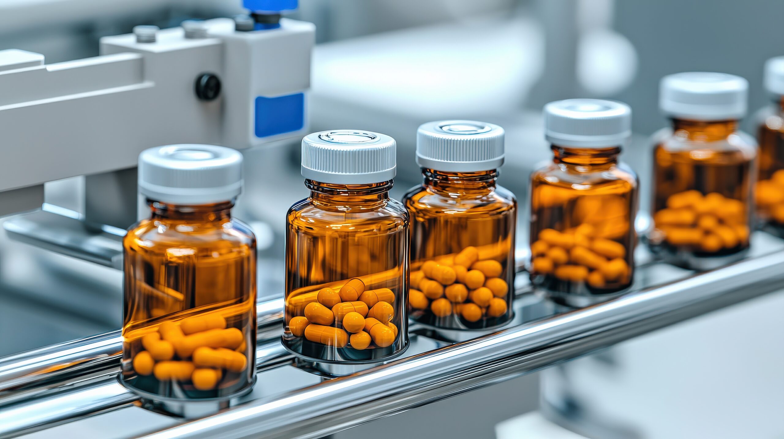 Orangefarbene Tablettenflaschen auf Produktionslinie